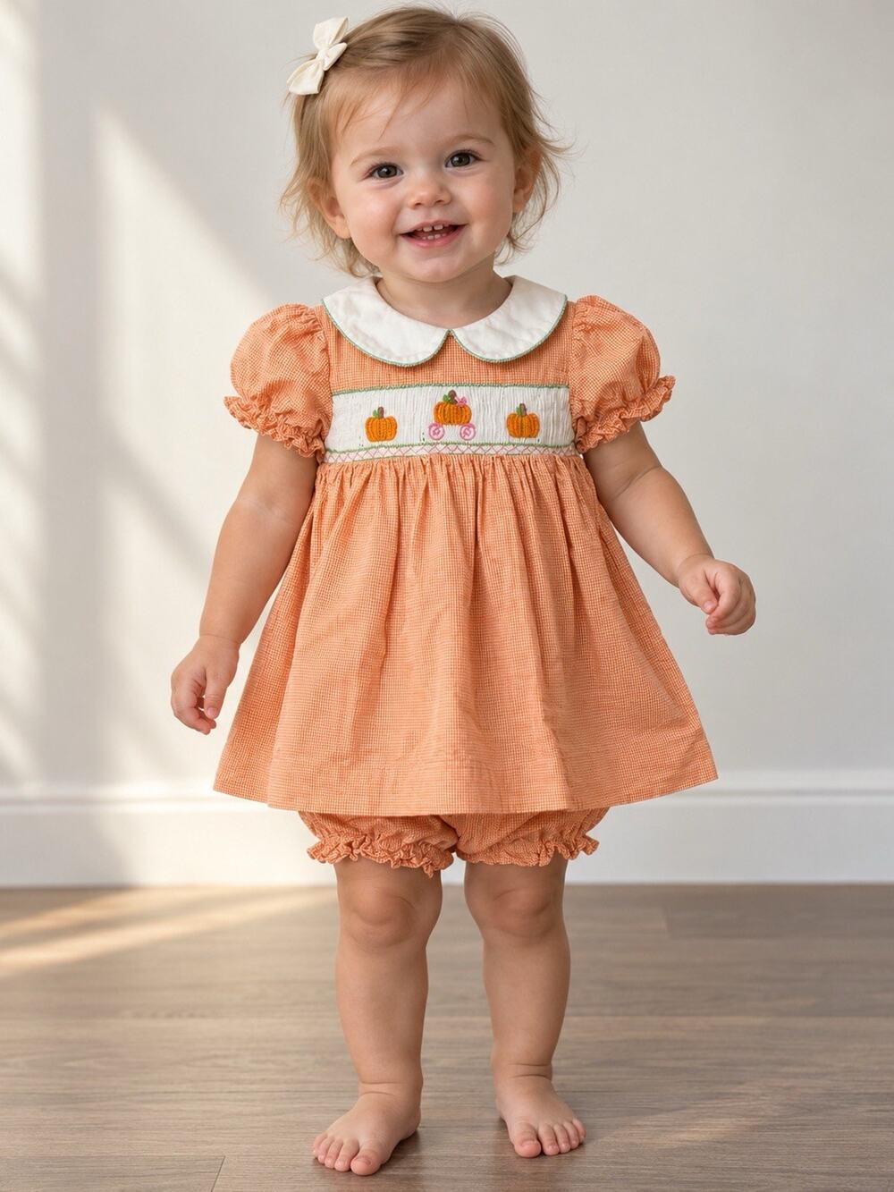 Petit Ami Baby Girls 12M Smocked Pumpkin Dress Bloomers Orange Gingham Fall